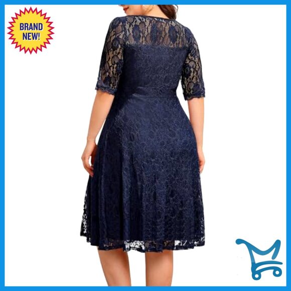 Lace Midi Dress Semi Formal Cocktail Party Wedding Guest Elegant Fit Flare - Picture 5 of 7